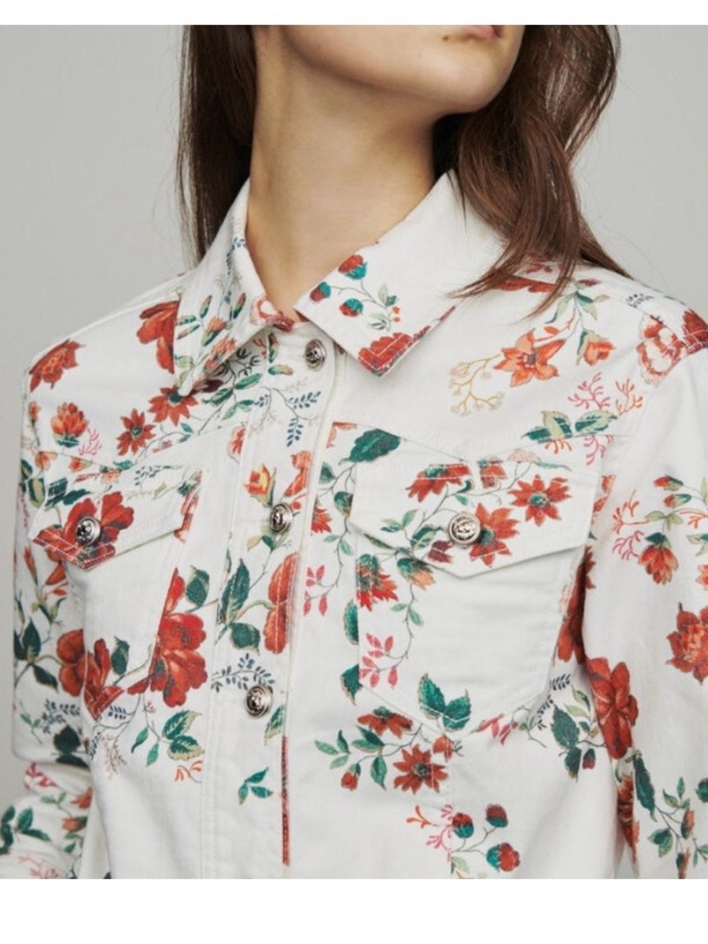 New - Maje • White Viflor Floral Rose Print Gold Button Denim Jean Jacket